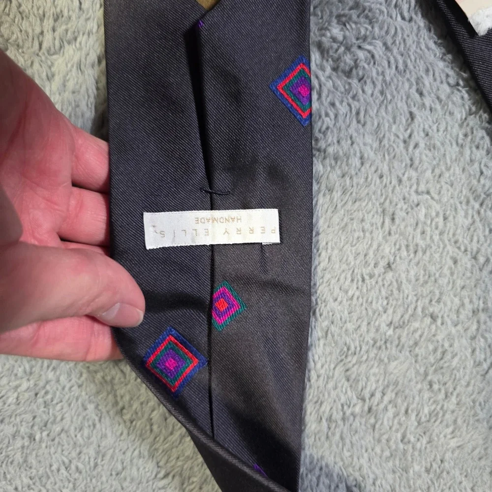 Perry Ellis Mens‎ Necktie Charcoal Grey Silk Geometric Diamond Handmade Italy